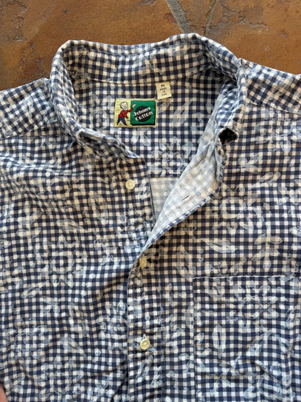 Rare VTG Johnny Cotton Long Sleeve Floral Sun Print on Blue Check Button Down -M